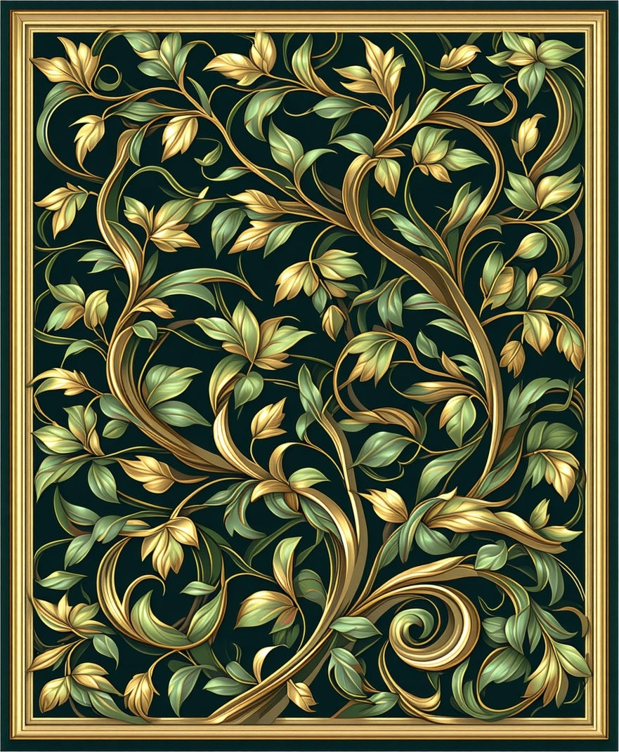 Opulent Gold Green Scroll Vine Rug