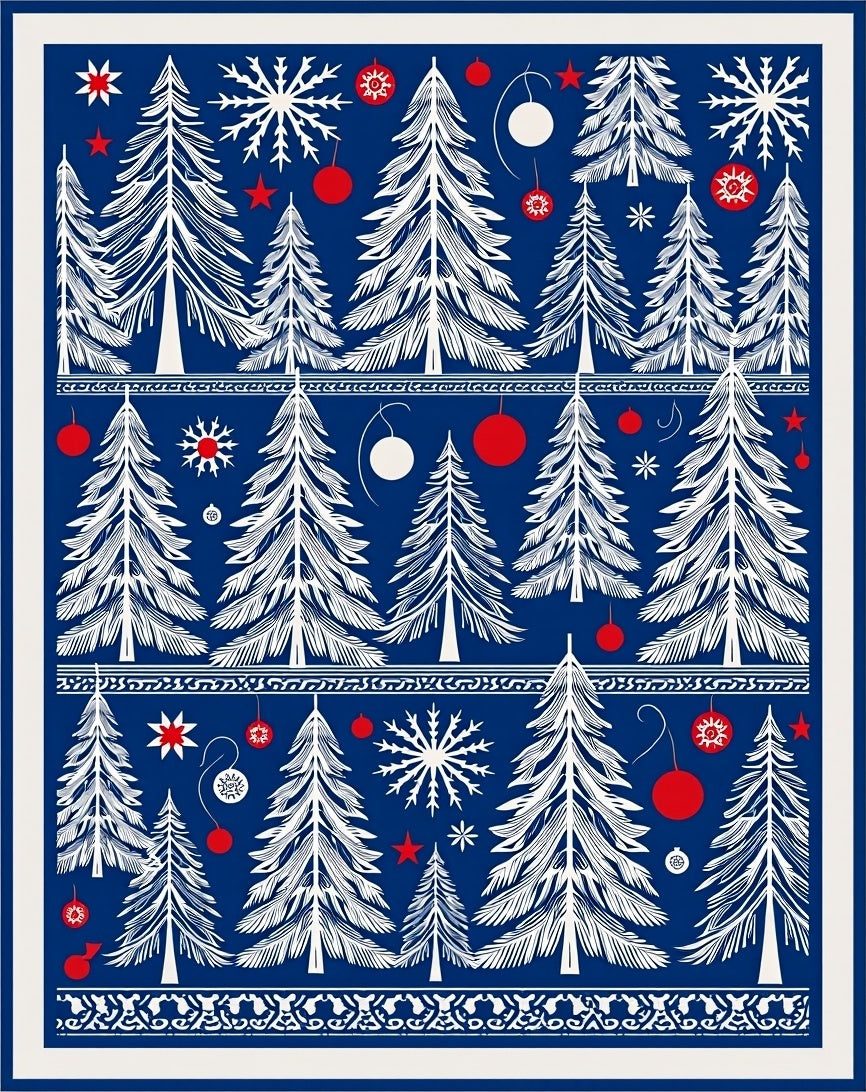 Hand Drawn White Christmas Trees Navy Rug