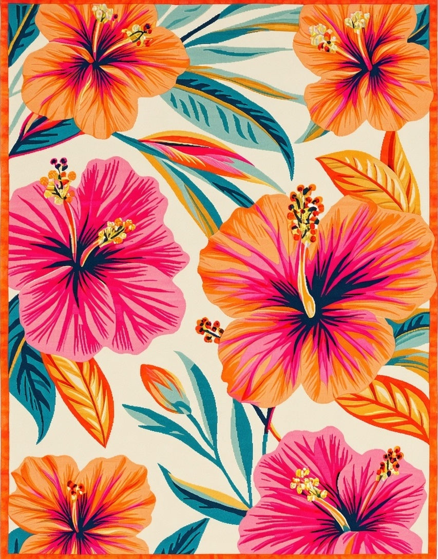Tropical Hibiscus Floral Pattern Rug
