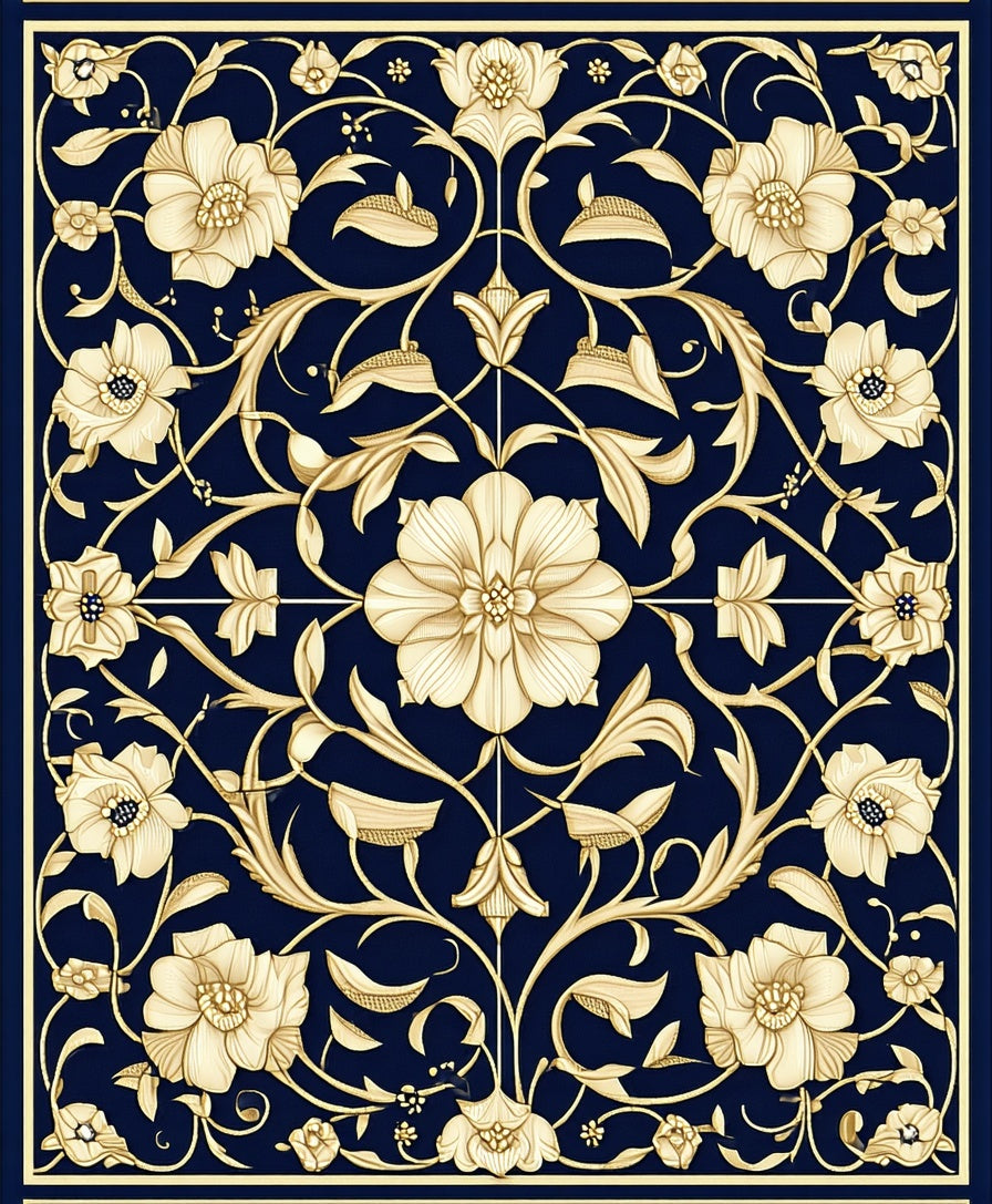 Dark Blue Floral Vine Design Rug