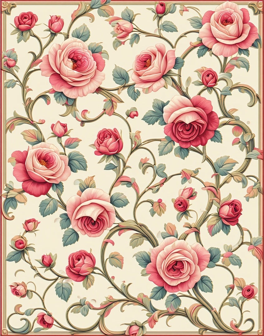 Elegant Pink Rose Floral Vines Rug