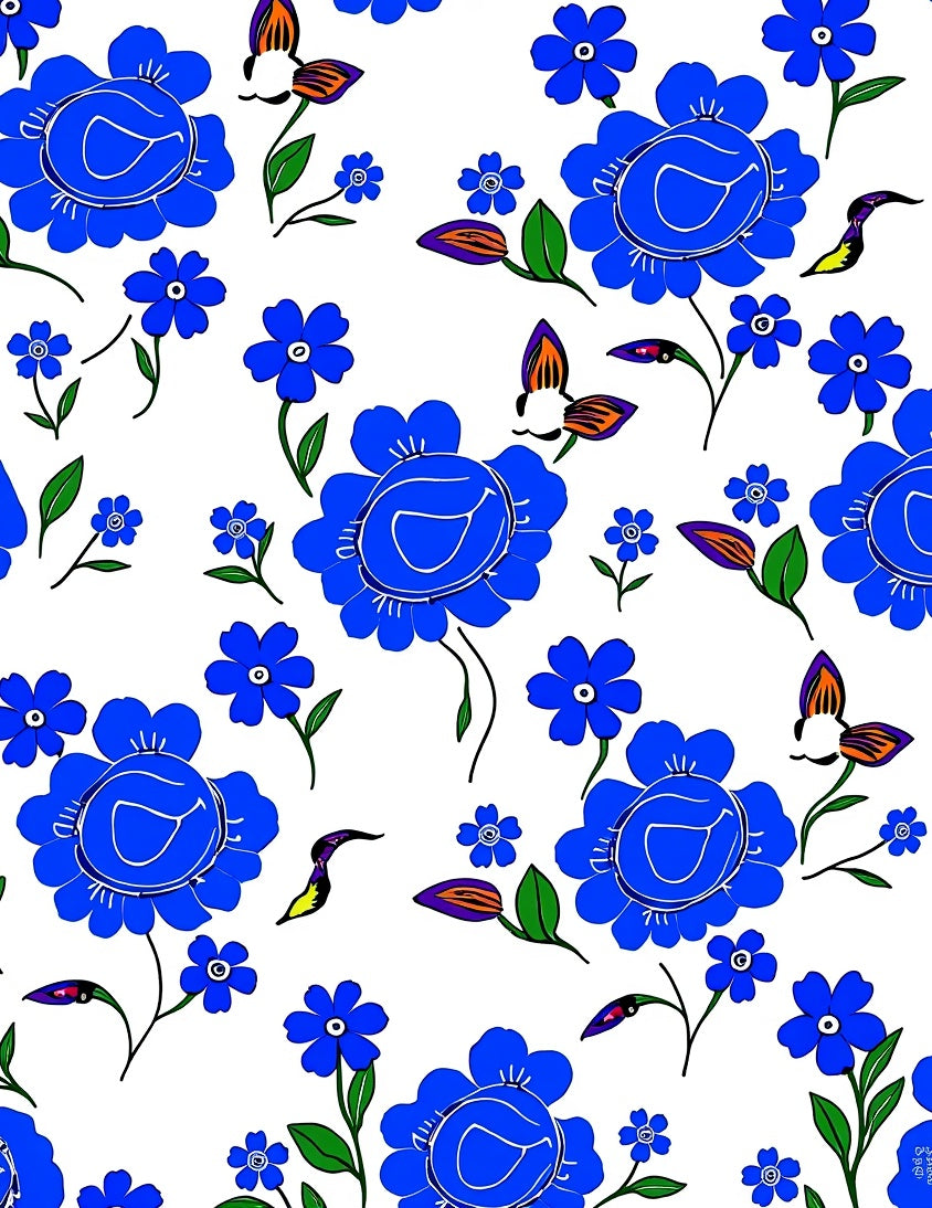 Vibrant Blue Floral Garden Pattern Rug