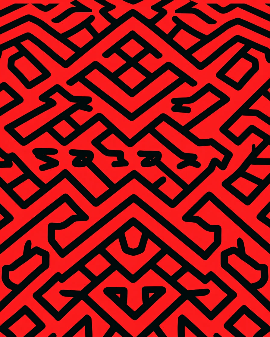 Bold Black Red Maze Pattern Rug