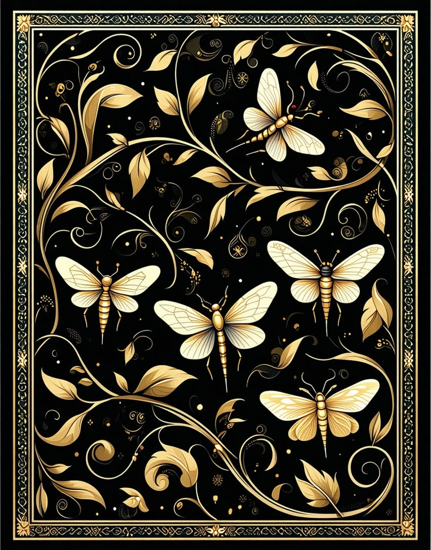 Golden Insect Leaf Art Nouveau Rug