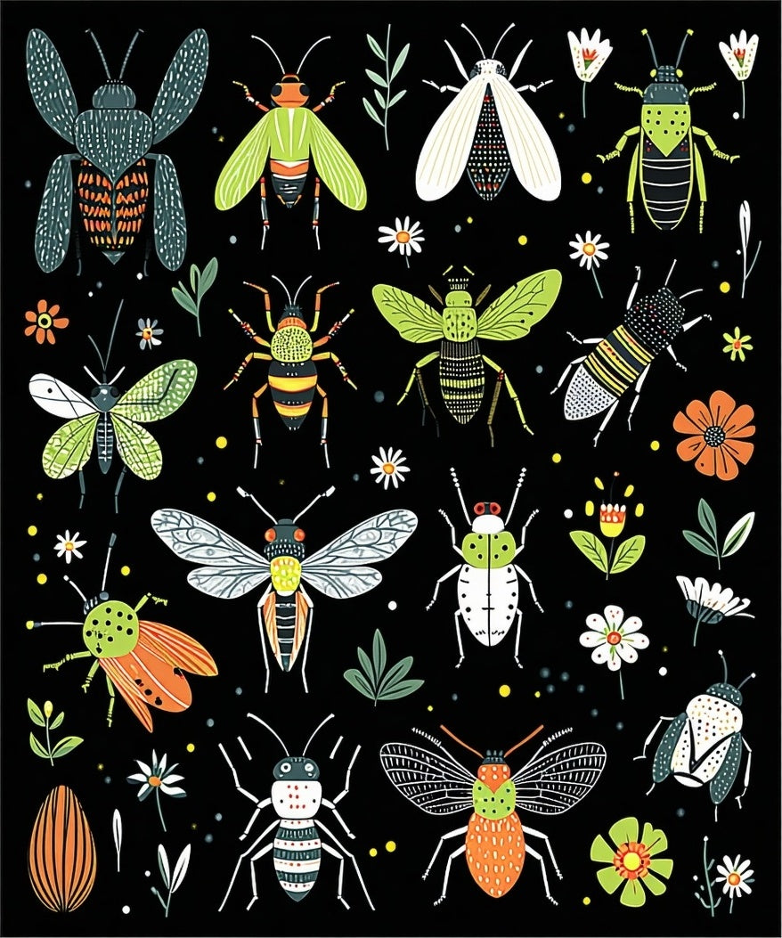 Whimsical Insect Pattern Black Background Rug