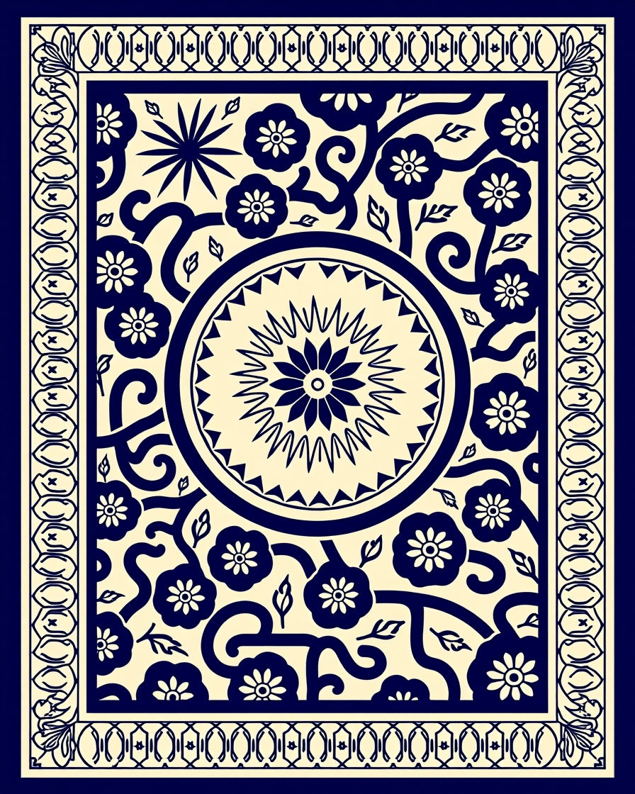 Navy Floral Starburst Vine Motif Rug