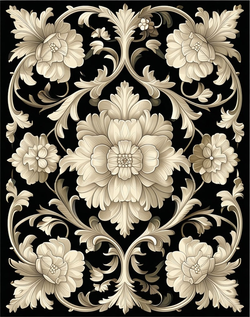 Antique Floral Swirls Black Rug