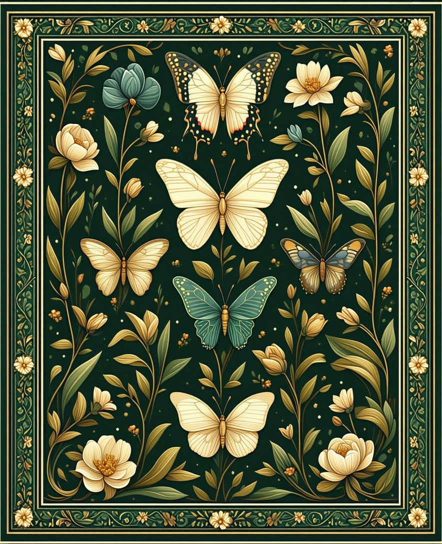 Emerald Butterfly Garden Floral Pattern Rug