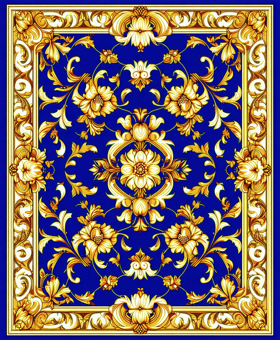 Ornate Floral Border With Royal Blue Rug
