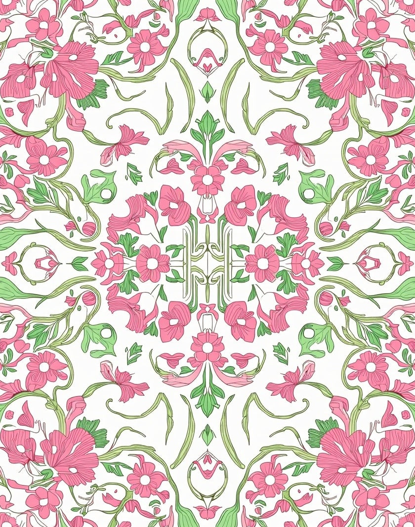 Pink Green Floral Symmetry Pattern Rug