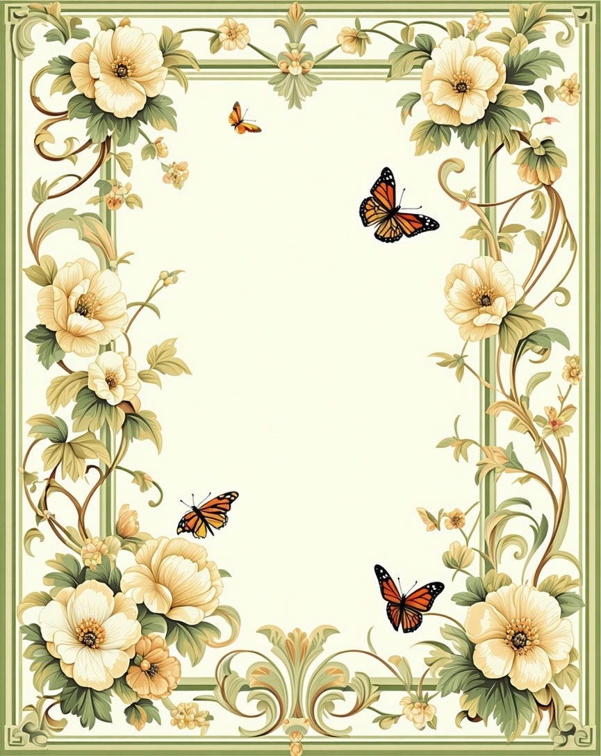 Floral Butterflies With Green Border Rug