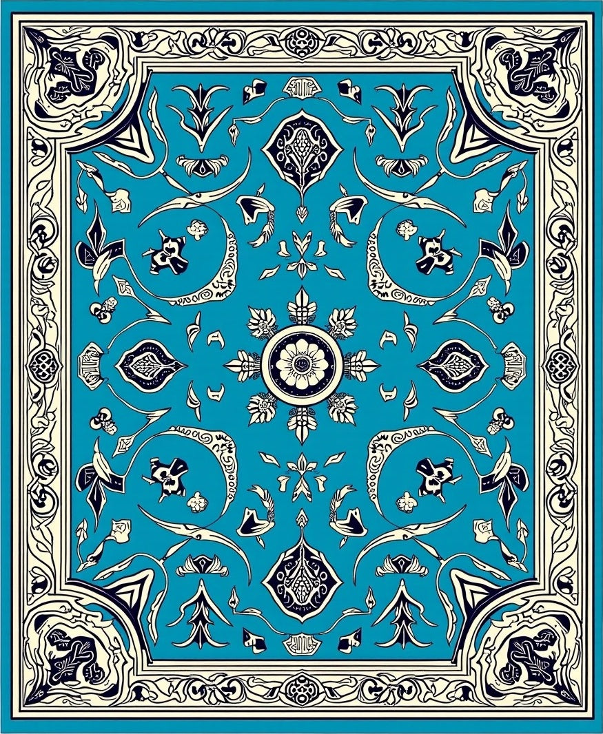 Ornate Blue Floral Arabesque Area Rug