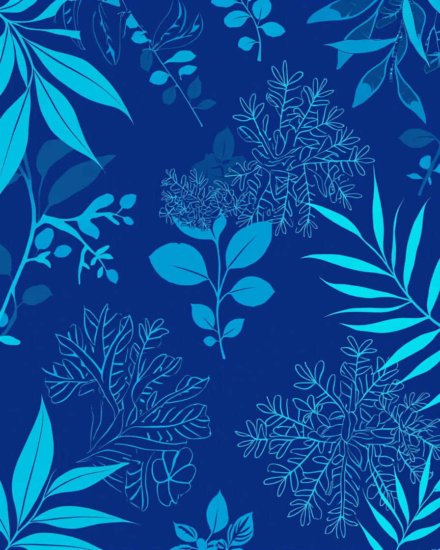 Cool Blue Tropical Leaf Pattern Rug