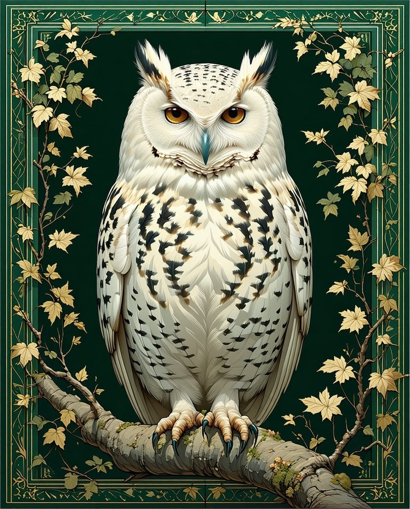 Majestic White Owl In Green Floral Border Rug