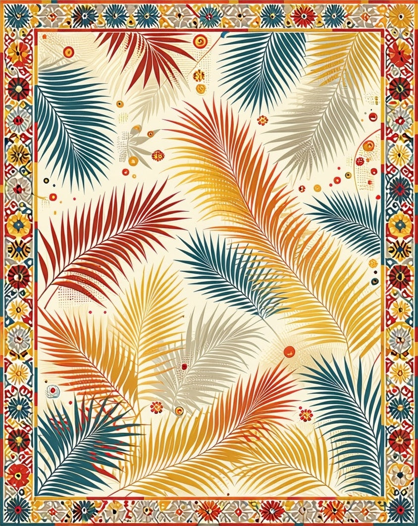 Tropical Palm Leaf Vibrant Border Design Rug