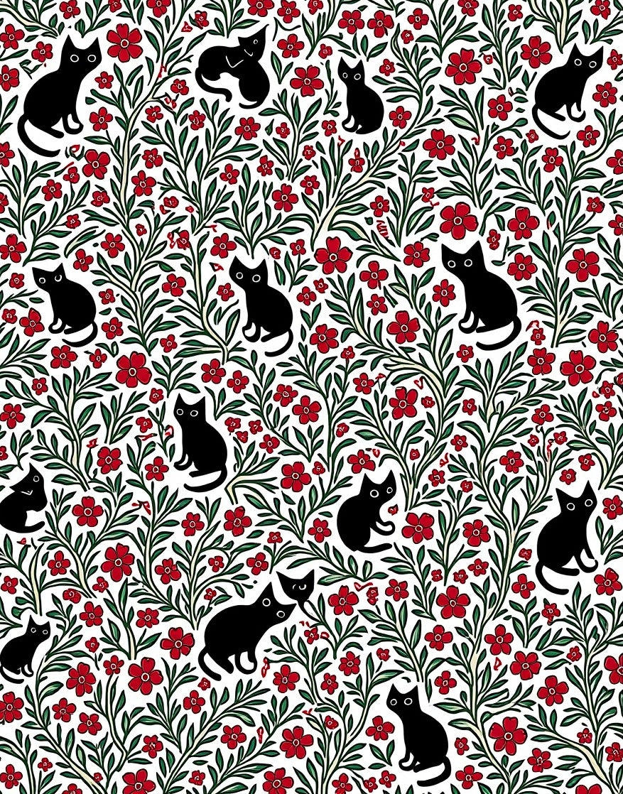 Playful Black Cats Floral Whimsical Pattern Rug