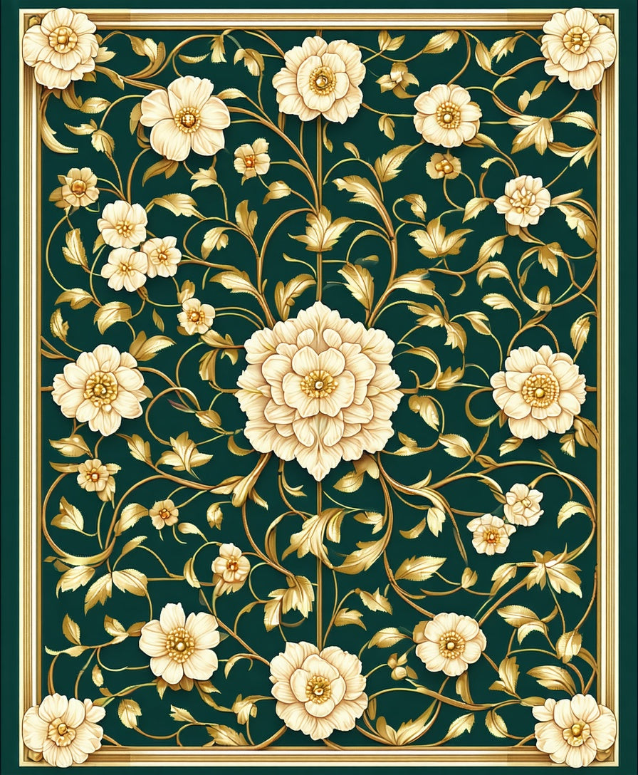 Elegant Floral Gold Leaf Pattern Rug