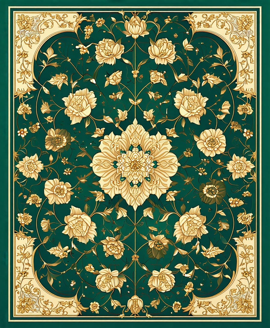 Ornate Floral Cream Emerald Design Rug
