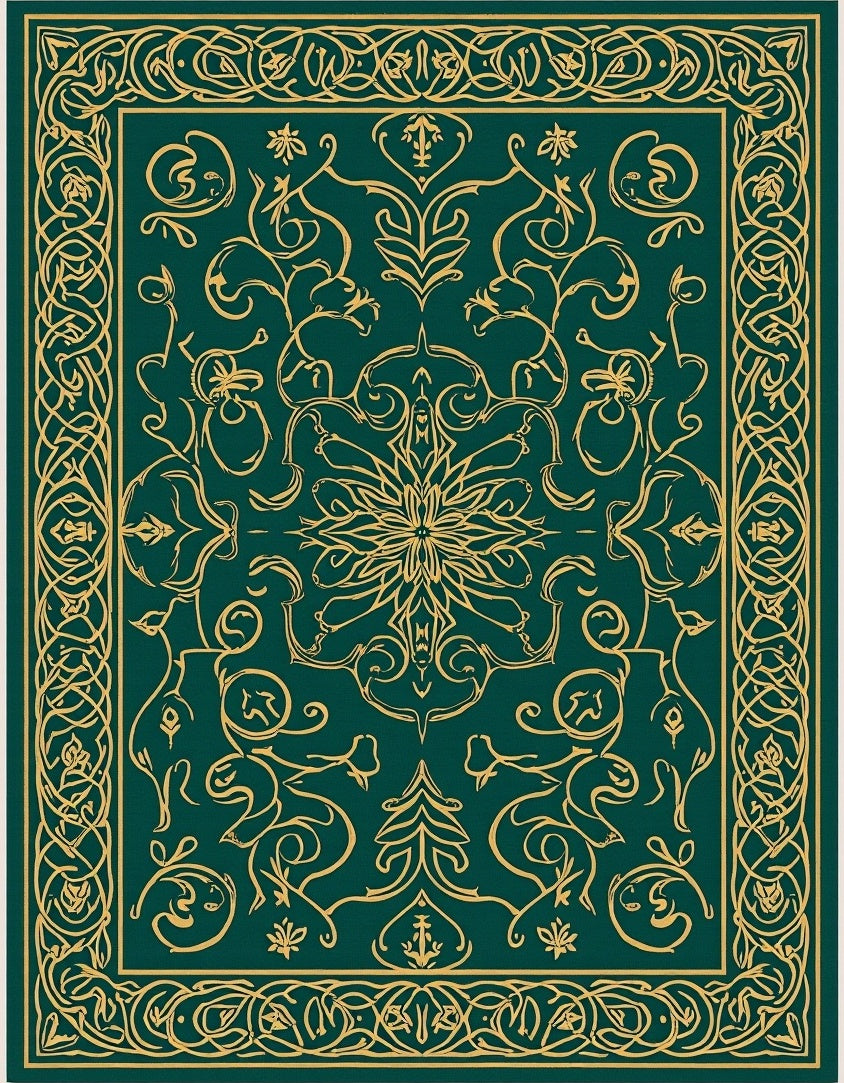 Ornate Green Gold Floral Pattern Rug