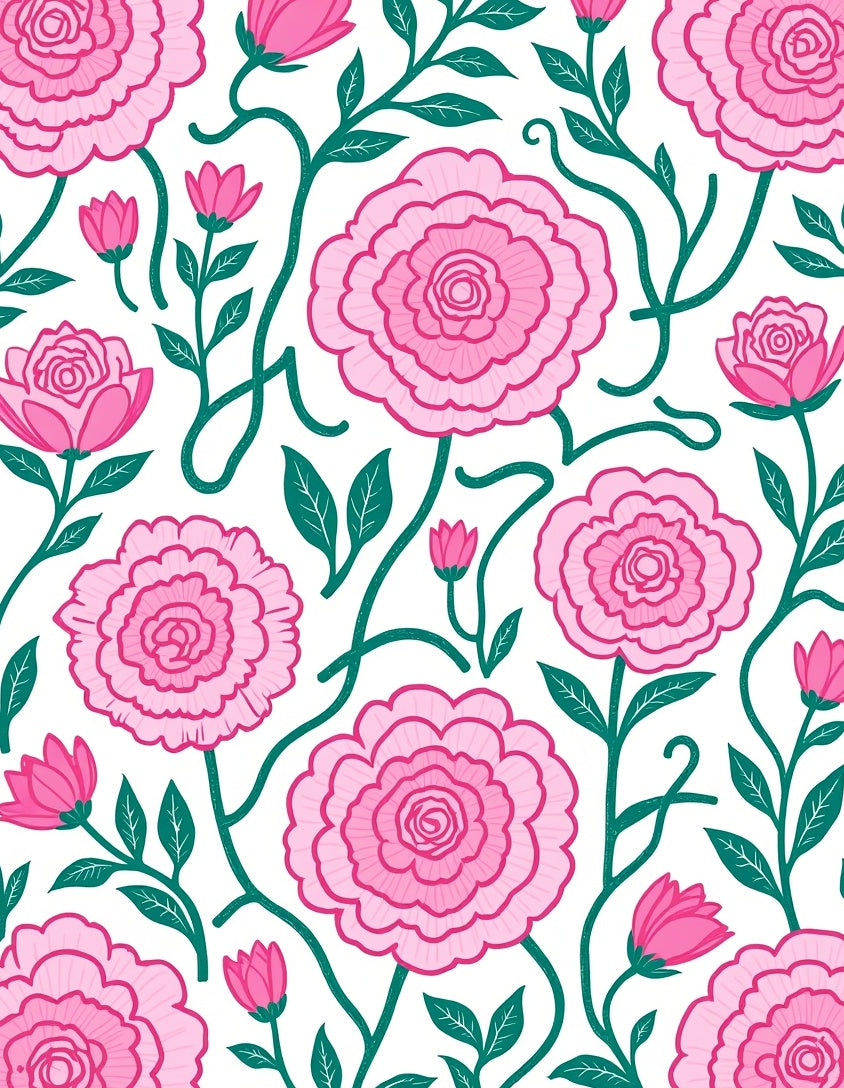 Pink Floral Pattern With Teal Vines Rug
