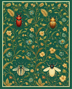Emerald Green Floral Insect Pattern Rug