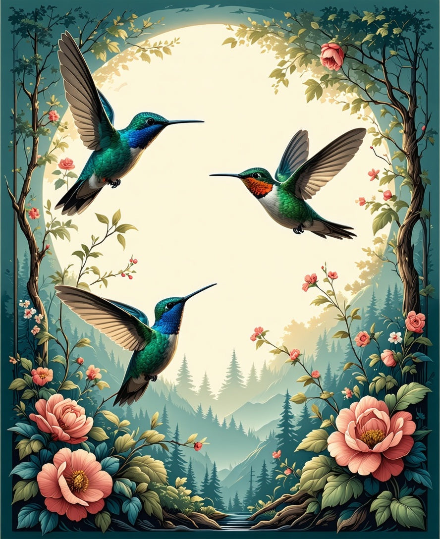 Hummingbirds Surrounded by Floral Landscape Rug