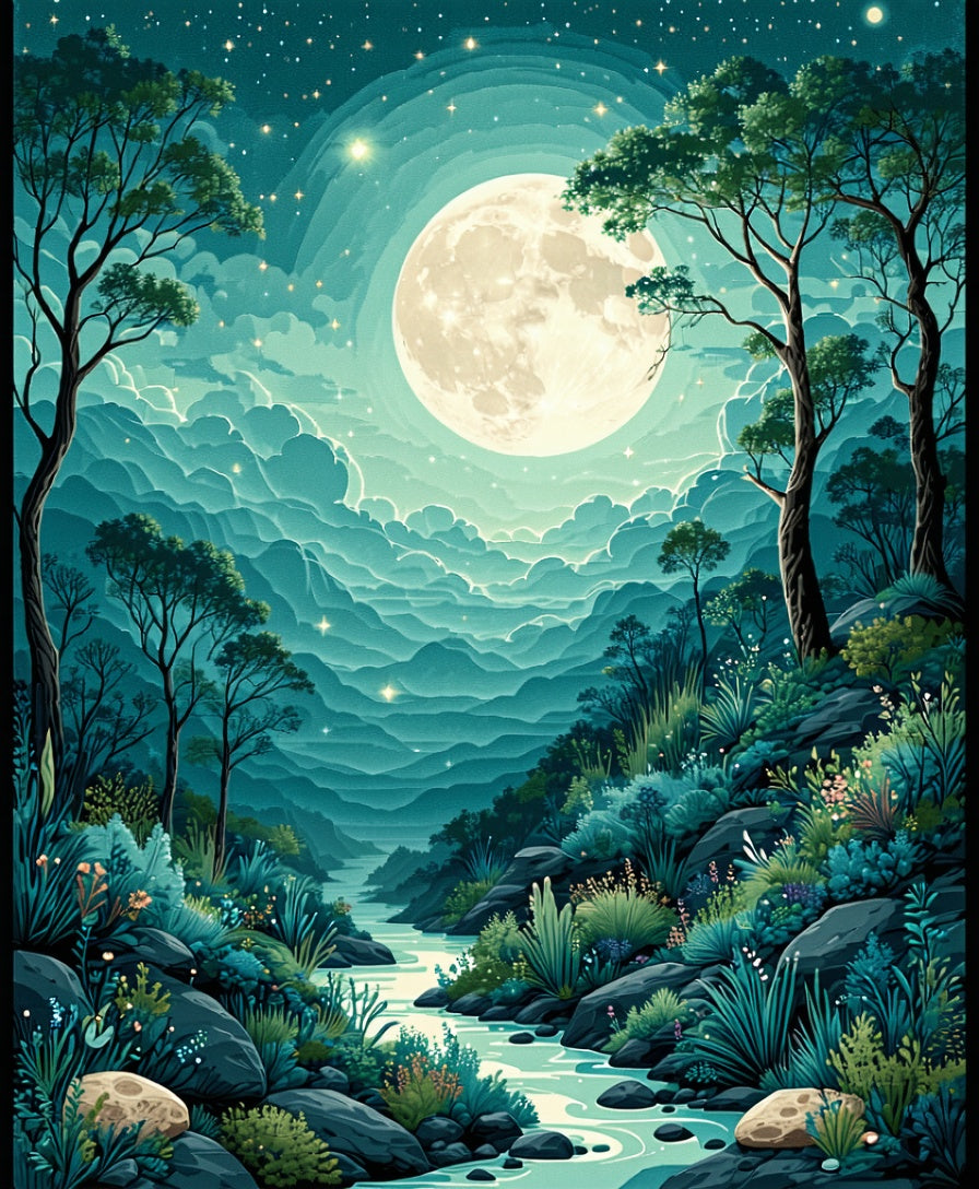 Mystical Moonlit Forest River Pattern Rug