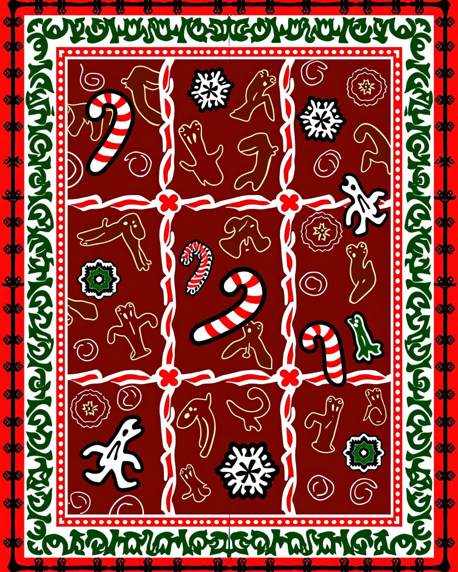 Festive Red Gingerbread Candy Cane Snowflakes Rug