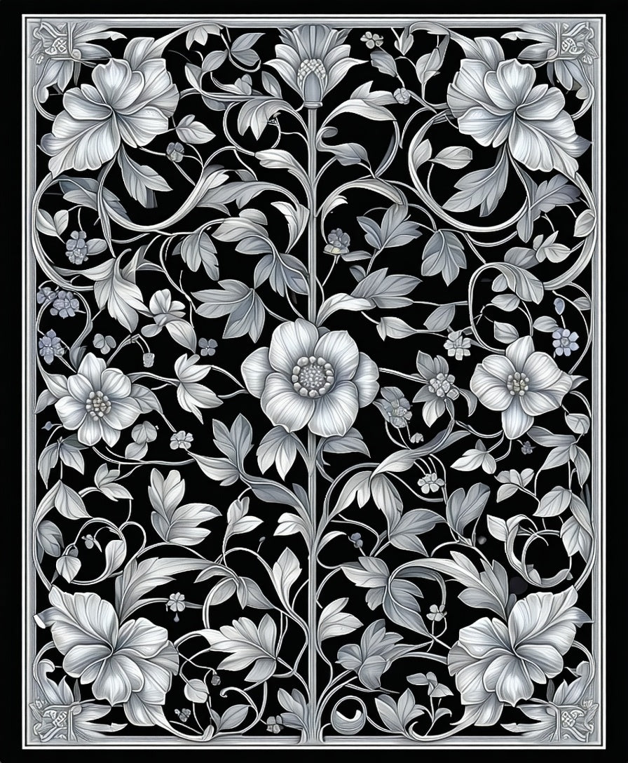 Elegant Black Floral Vine Design Rug