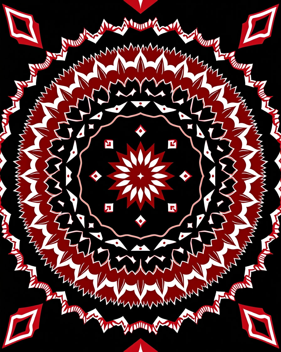 Crimson White Floral Mandala Black Rug