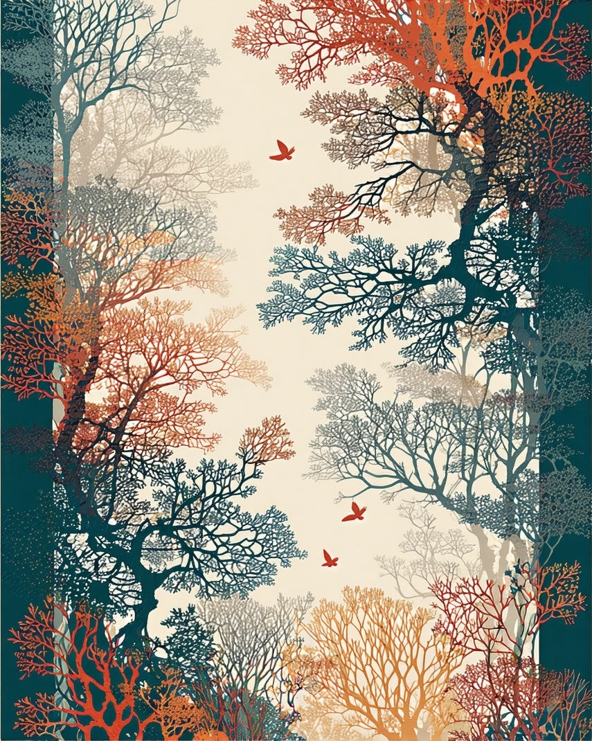 Autumn Forest With Flying Birds Pattern Rug
