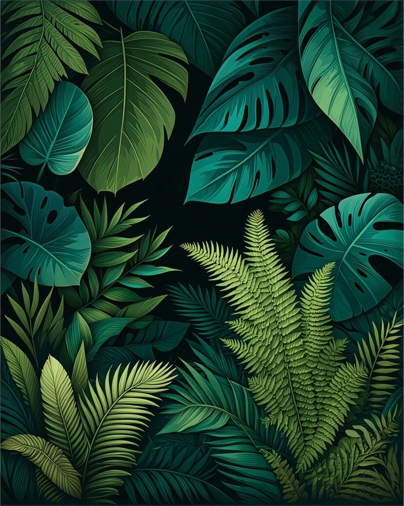 Exotic Tropical Leaf Pattern Dark Rug