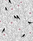 Black Birds Pink Flowers Nature Design Rug