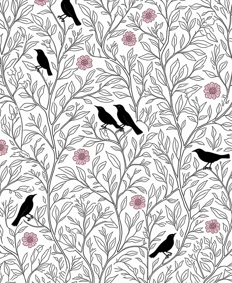 Black Birds Pink Flowers Nature Design Rug