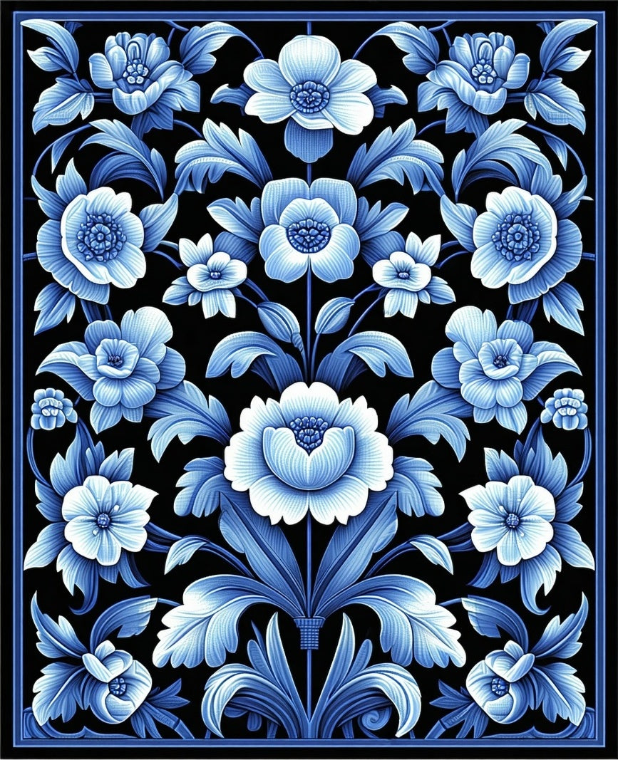 Classic Blue Floral Vine Pattern Rug