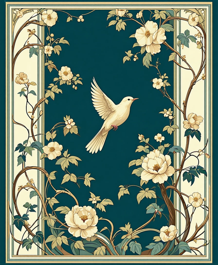 Elegant Avian Floral Art Nouveau Design Rug