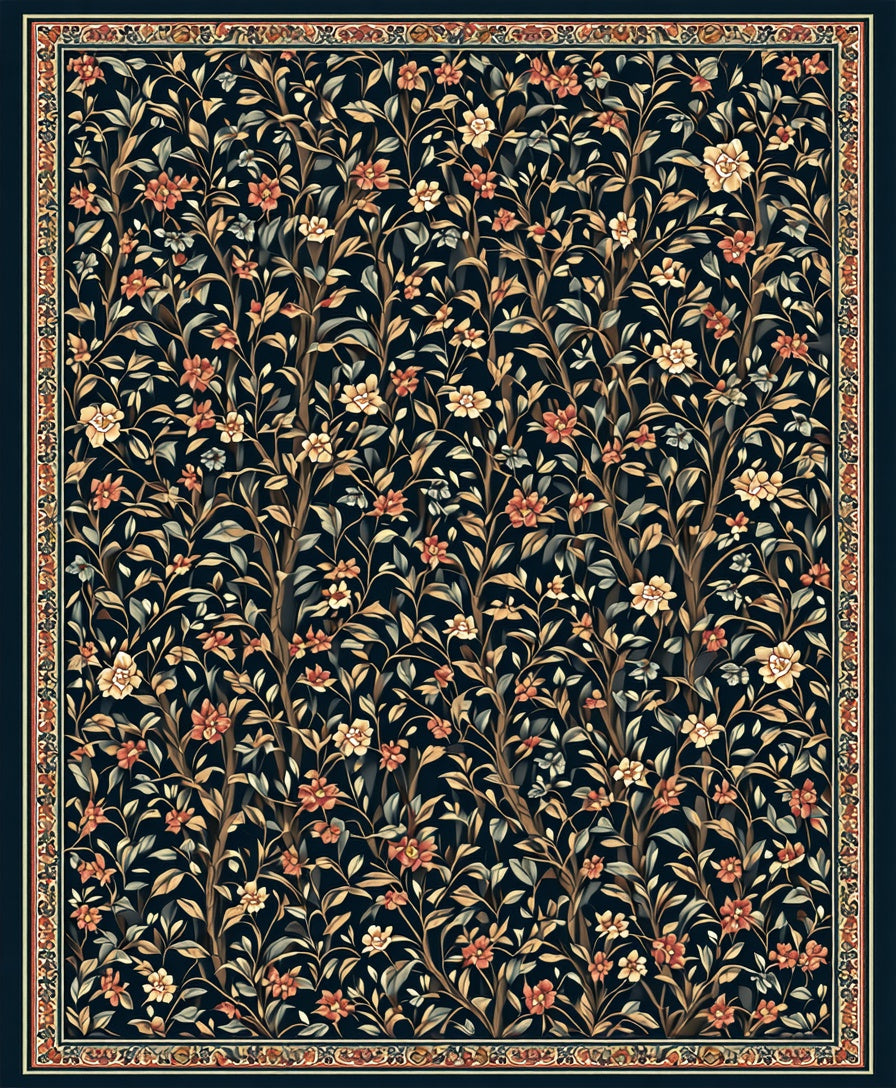 Dark Floral Tree Vine Pattern Rug