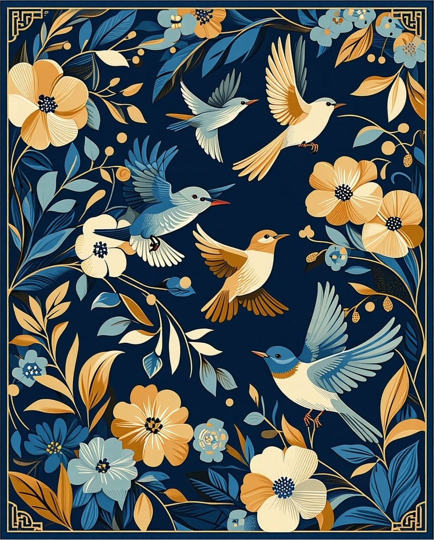 Birds Amidst Floral Blooming Garden Design Rug