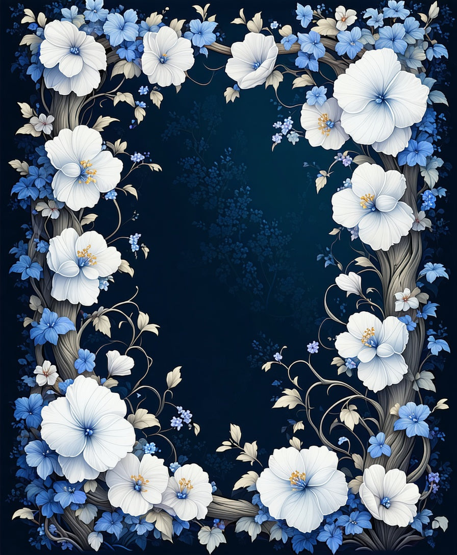 Elegant White Blue Floral Branch Pattern Rug