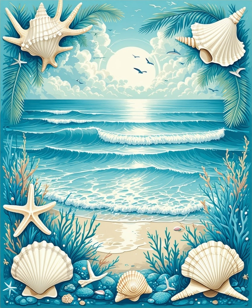 Ocean Wave Shell Starfish Scene Rug