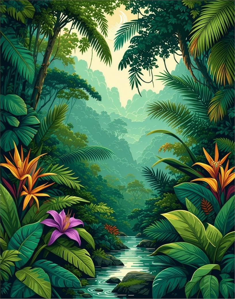 Vibrant Tropical Floral Jungle Scene Rug