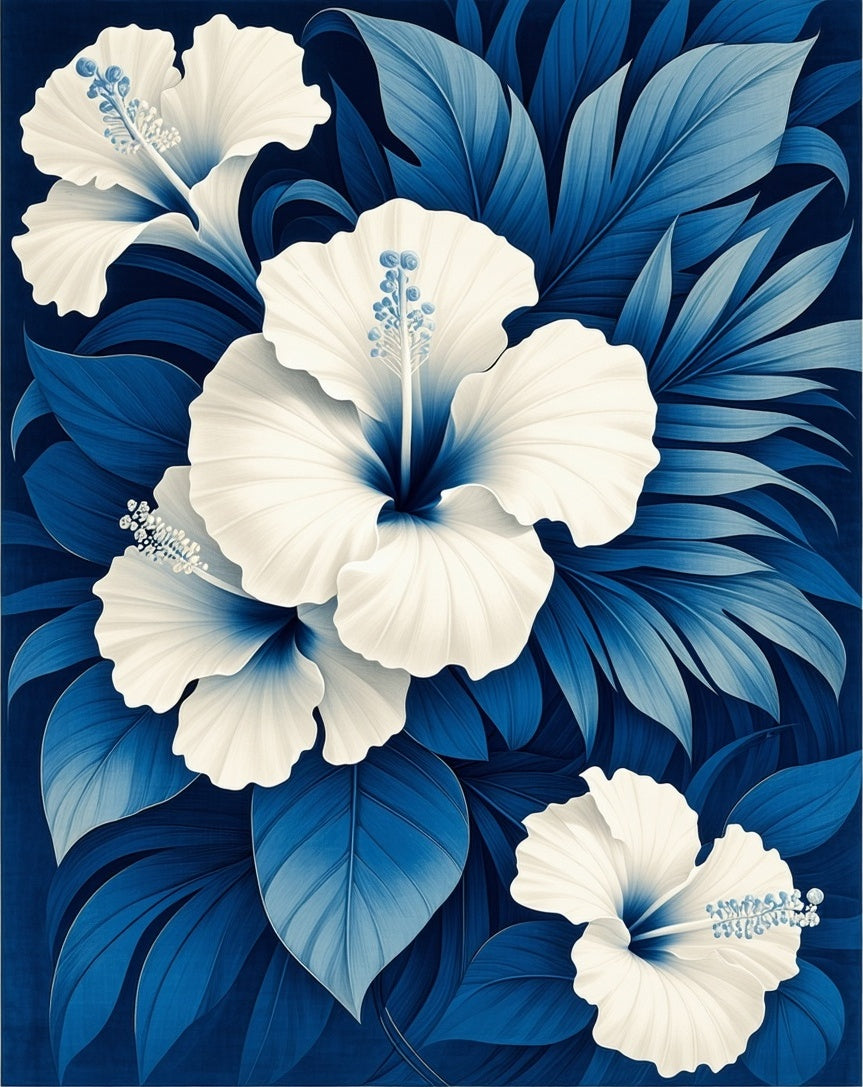 Vibrant White Hibiscus Blue Foliage Art Rug