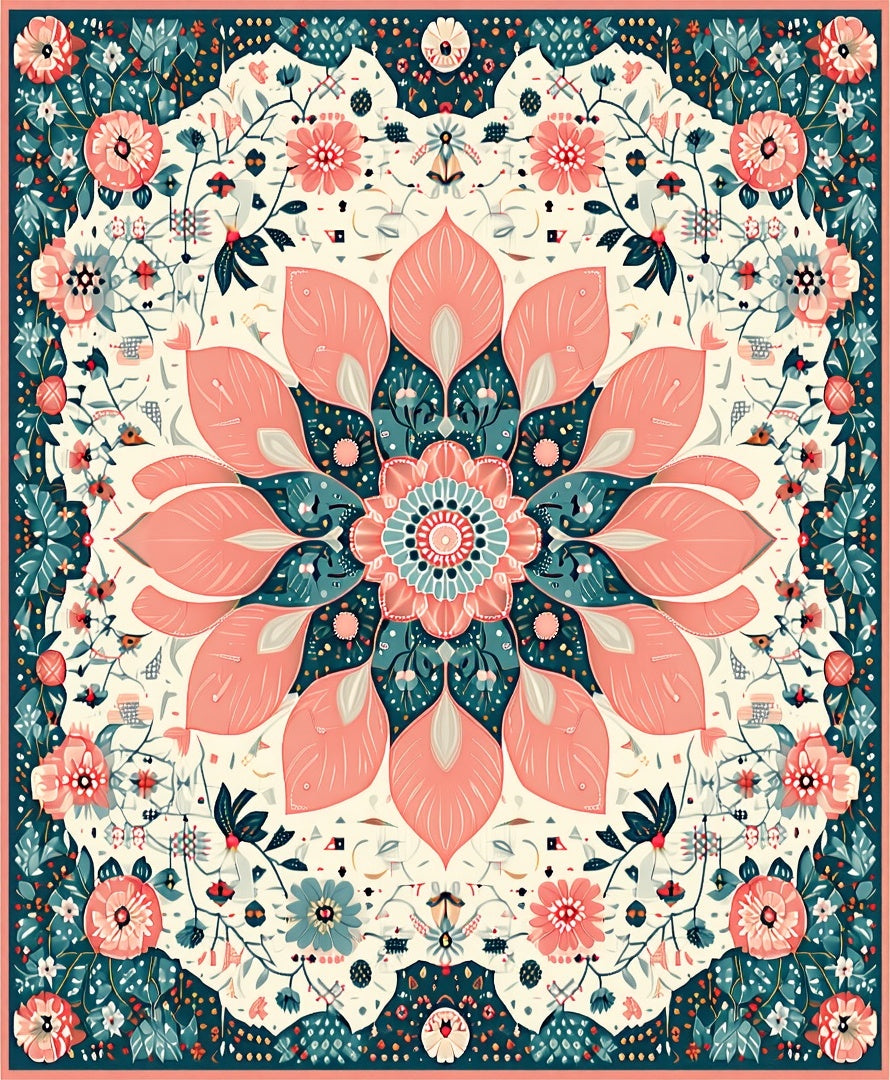 Coral Teal Floral Mandala Design Rug