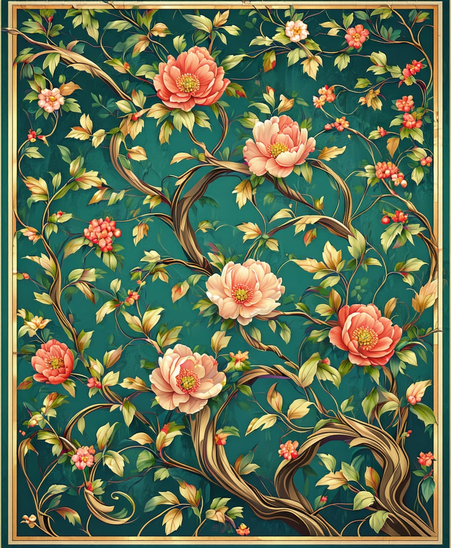 Emerald Peony Vine Patterned Rug