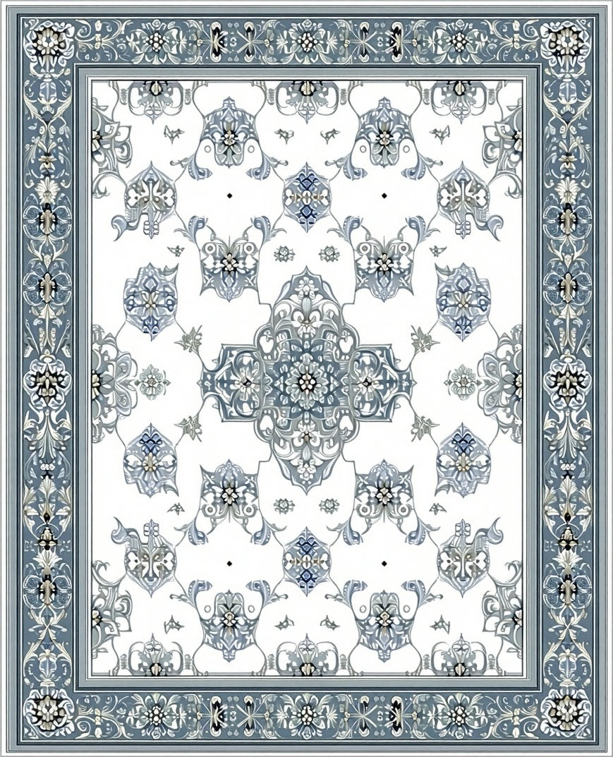 Ornate Blue Gray Floral Motif Rug