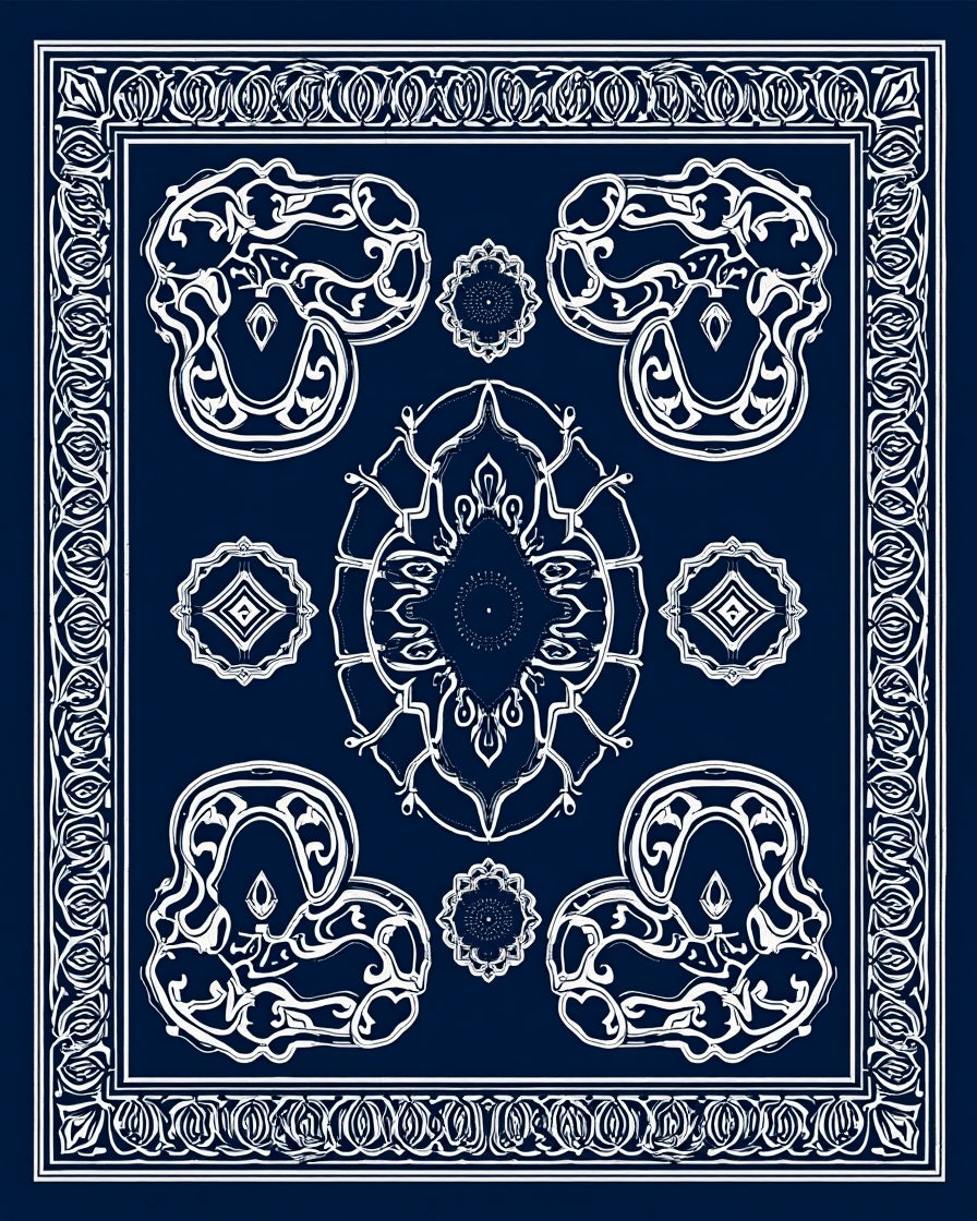 Dark Blue White Ornate Floral Motif Rug