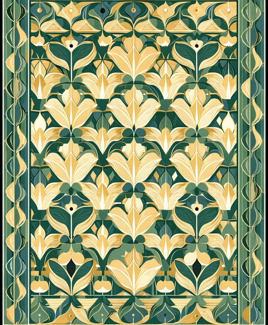 Art Nouveau Floral Motif Green Gold Rug