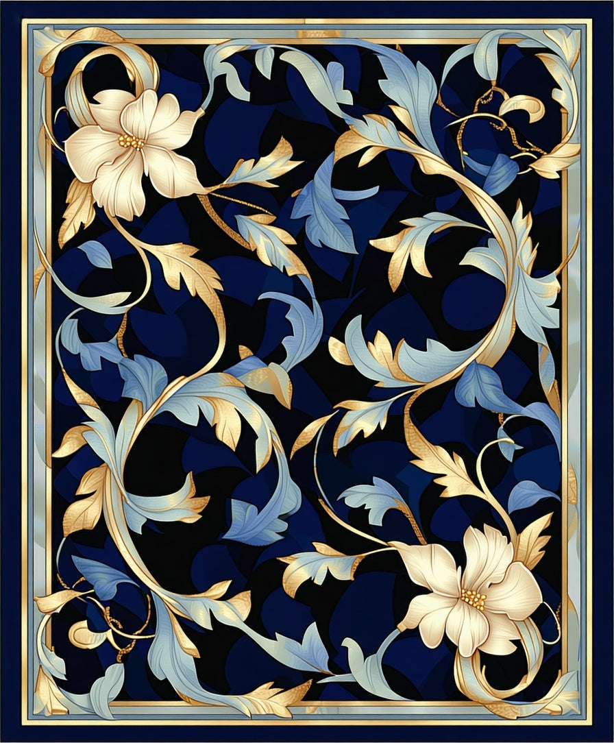 Elegant Golden Foliage Blue Background Rug