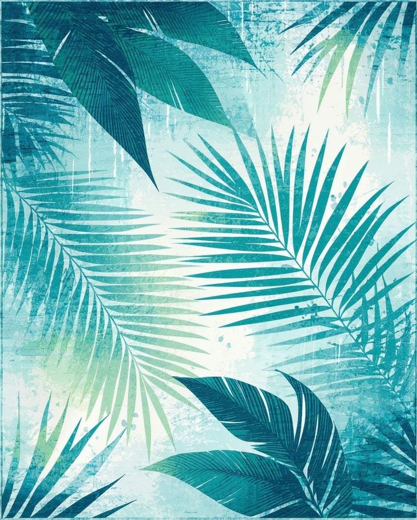 Tropical Teal Fern Leaf Pattern Rug