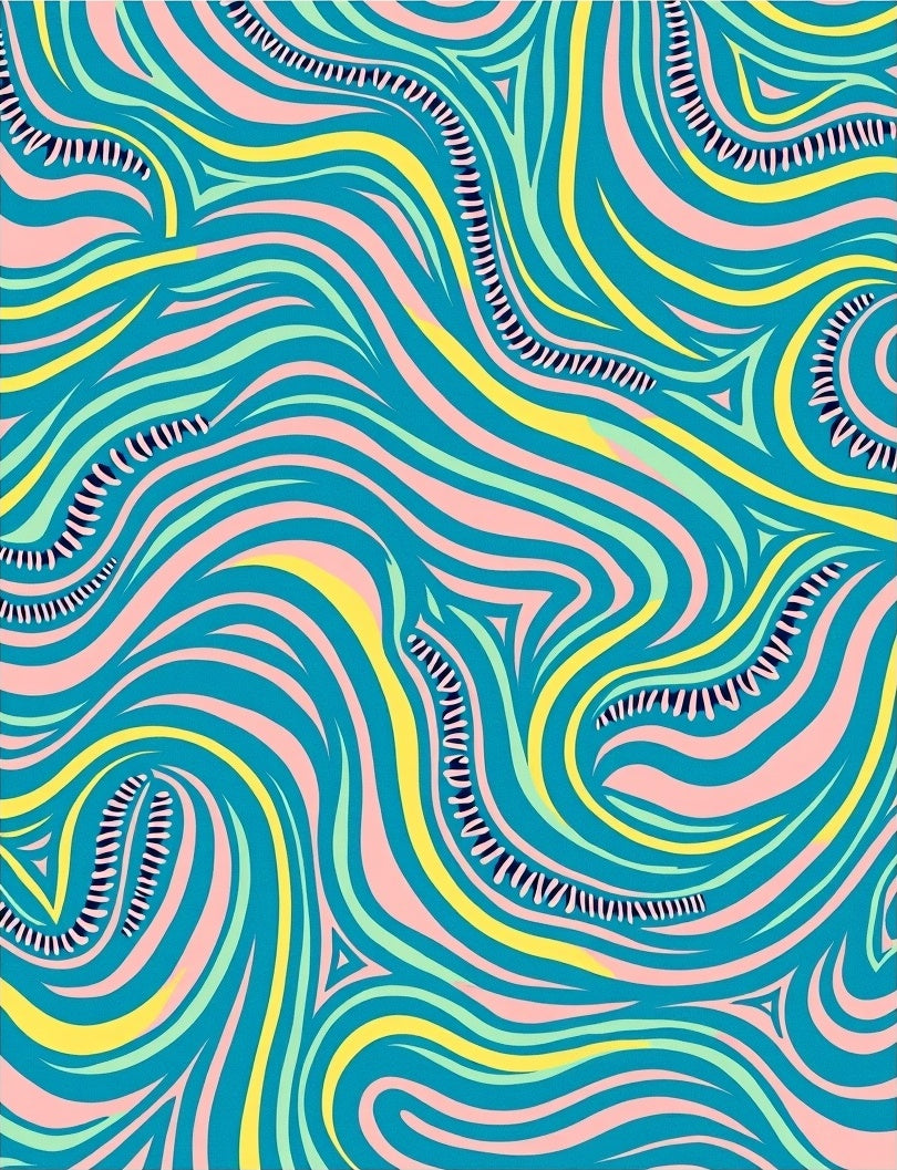Turquoise Pink Yellow Swirling Lines Rug